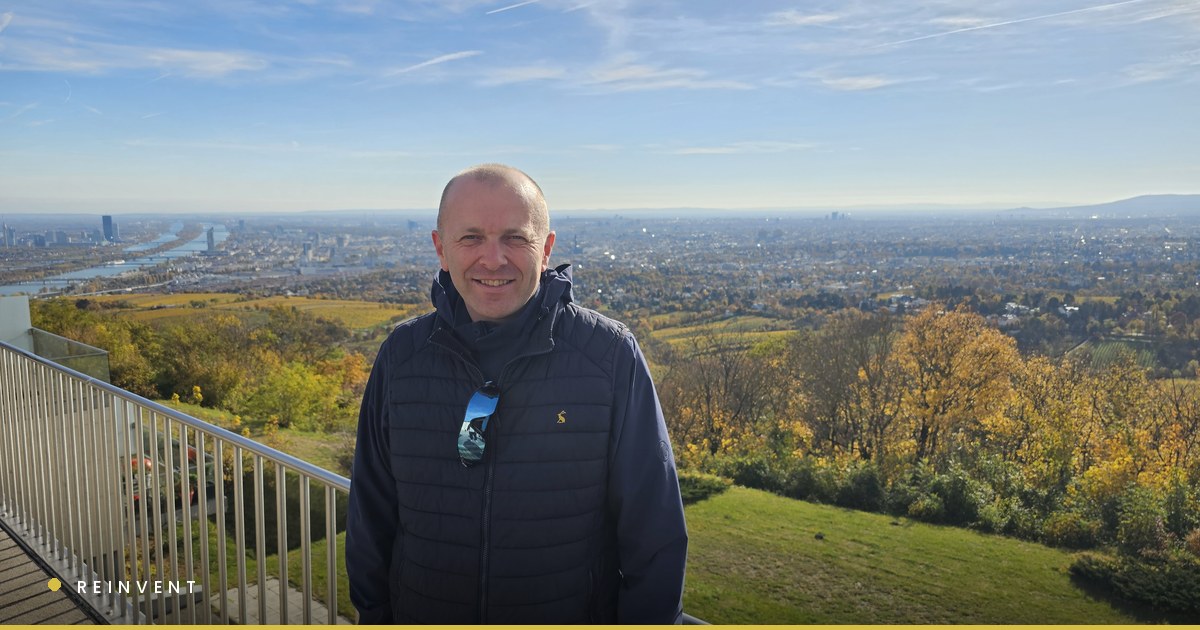 Chris Wilson smiling at the Kahlenberg viewpoint overlooking Vienna